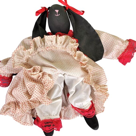 Vintage 80s Handmade Rabbit Stuffed Animal Red Black Ruffle Home Decor Child Toy - Picture 10 of 11